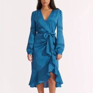 Veronica Beard Teal Miriam Ruffle Wrap Long Sleeve Midi Dress